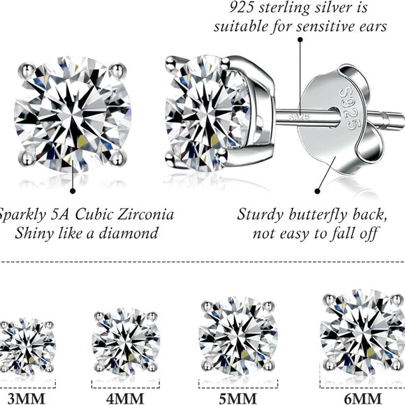 925 Silver Stud Earrings Set White Gold Plated Hypoallergenic Cubic Zirconia - Picture 2 of 8